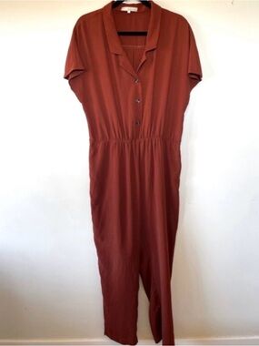Monk & Lou jumpsuit - terracotta rust colour, light, collared, short sleeve
